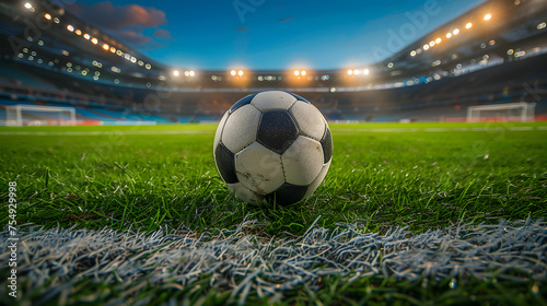 A soccer ball sits on the grass of a field. The background shows a large stadium with lights.