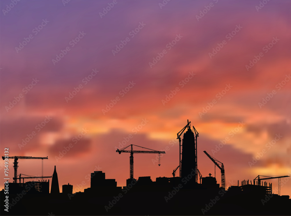 Obraz premium horizontal composition with house building in city at lilac sunset