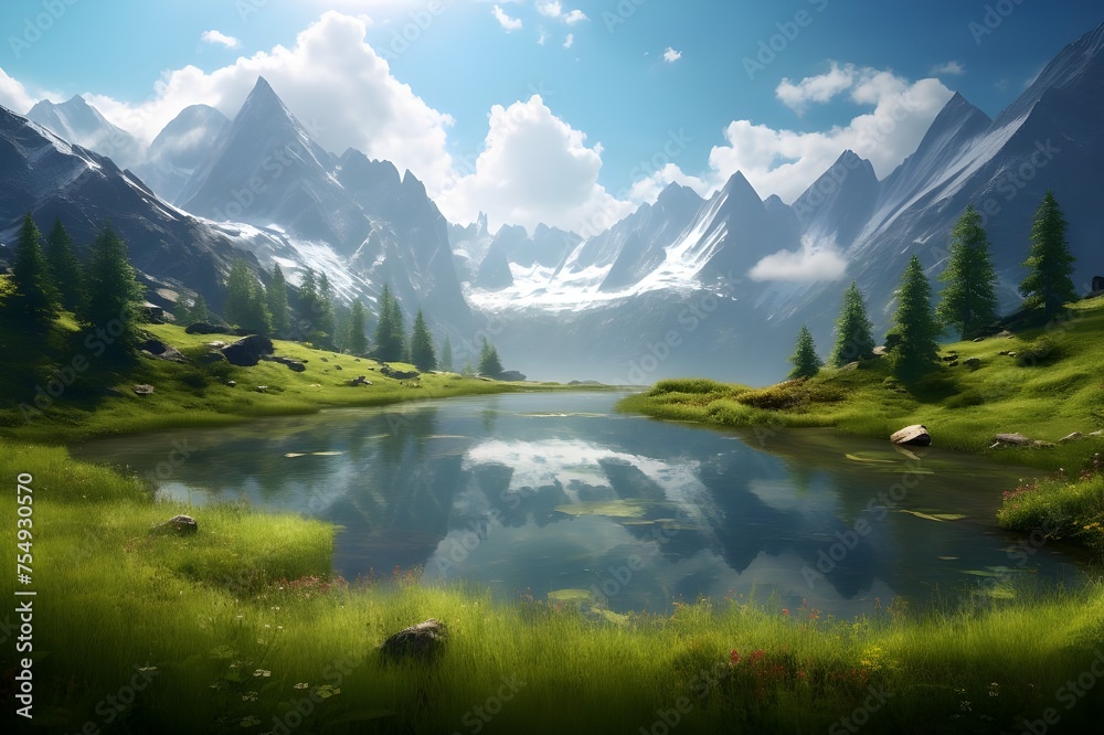 A serene lake nestled in the heart of a lush green valley, framed by towering mountains and mirrored reflections.
