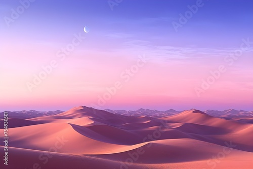 A surreal desert landscape bathed in the soft glow of twilight  with towering sand dunes stretching to the horizon. 
