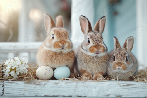 Bunnies and Easter eggs on a white shabby porch. 