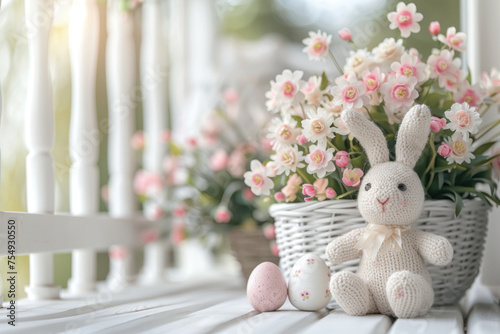 Cute easter knitted bunny and easter eggs on a white wooden shabby porch. photo