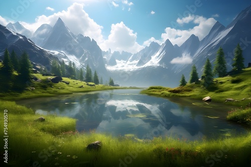 A serene lake nestled in the heart of a lush green valley, framed by towering mountains and mirrored reflections. 