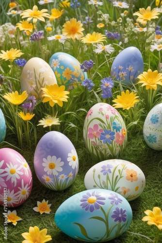 the Easter Eggs Decorated with Lovely Flower Designs, Generative Ai