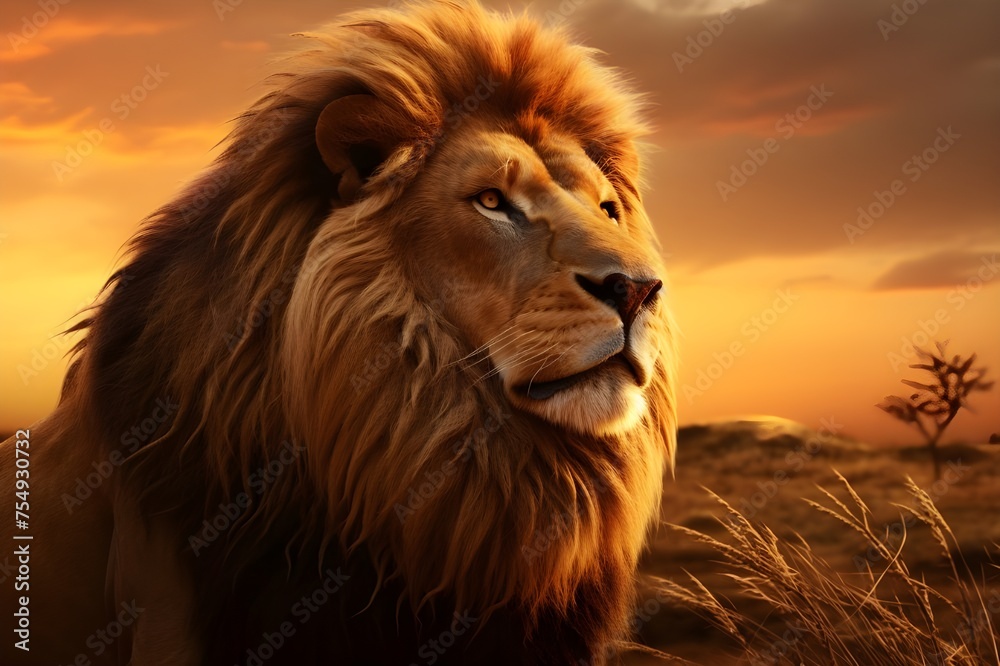 A majestic lion basking in the golden glow of the savannah sunset, its mane ablaze with fiery hues.
