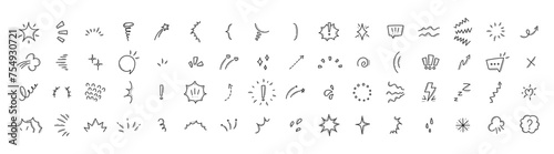 Elements for Japanese manga comics in hand drawn style. Character emotion, explosion, wind, arrows. Vector illustration.