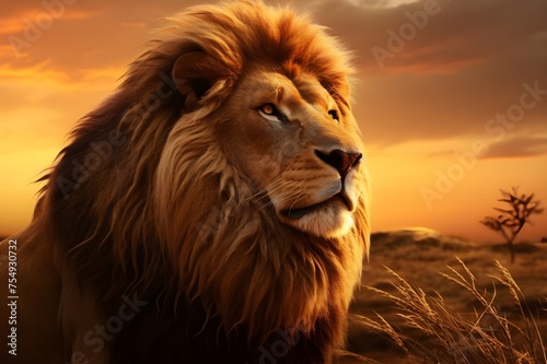A majestic lion basking in the golden glow of the savannah sunset, its mane ablaze with fiery hues. 