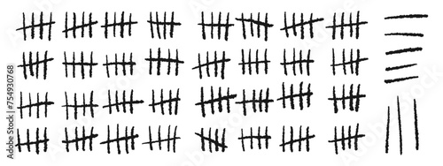 Prison wall counter. Black and white tally stroke. Counting waiting number marks isolated on white wall. Black slash scratches.