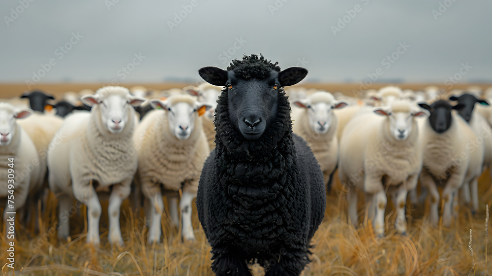 A black sheep stands out among white sheep.