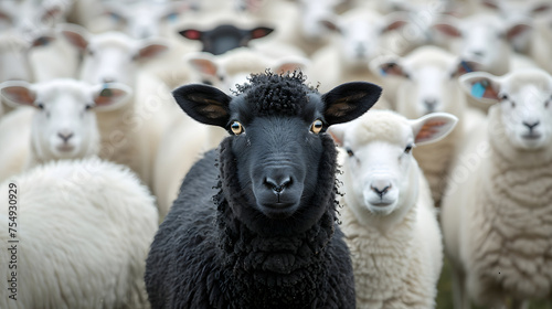 A black sheep stands out among white sheep.