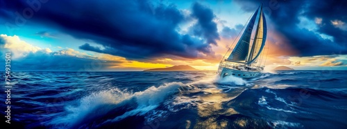 Ocean bound sailboat navigating, rough swell, sunset, ominous clouds, expedition, race. Copy space.  photo