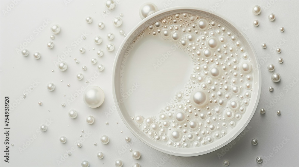 A top view of a white bowl filled with milk and scattered pearls creates a luxurious and pure scene with a minimalist vibe. A top view of a white bowl filled with milk and scattered pearls creates a luxurious and pure scene with a minimalist vibe.