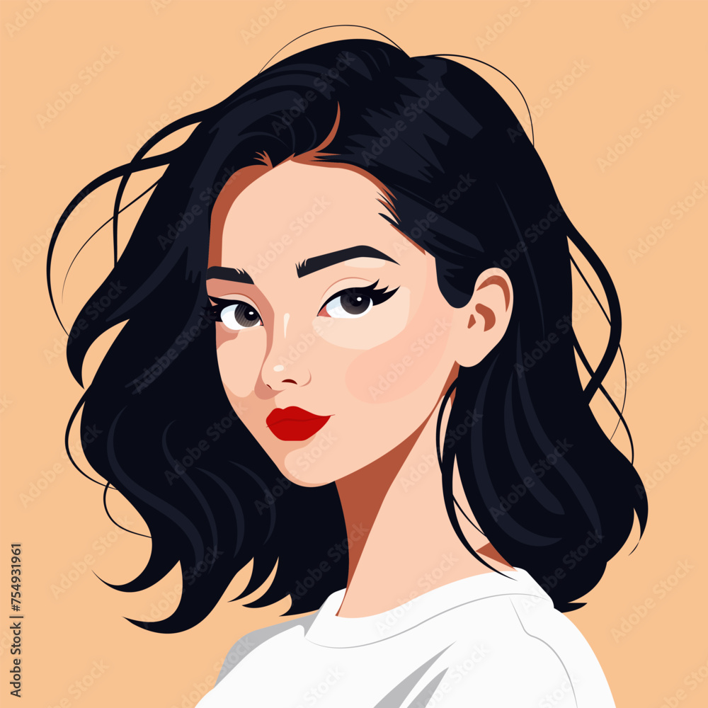 Vector portrait of a pretty young girl of European appearance with clear skin and long dark hair.
