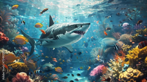 underwater predator great white shark amongst colorful reef and fishes in a vivid ocean ecosystem © pier