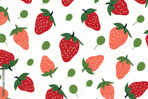 Strawberry and flowers seamless pattern. Cute summer background for fabrics, decorative paper, textile prints, vector illustration