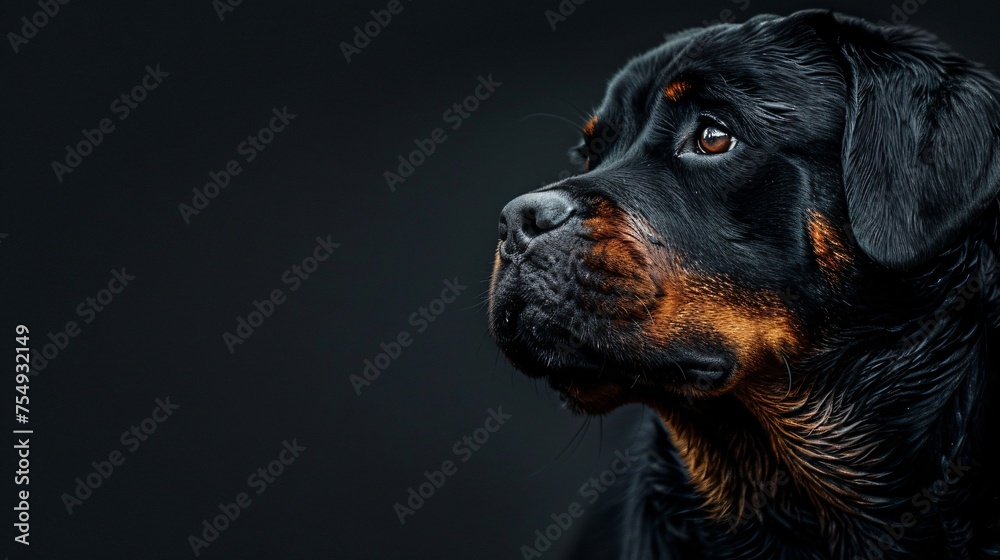 Obraz premium Rottweiler with a commanding presence on a stark black background a symbol of strength and confidence with copyspace