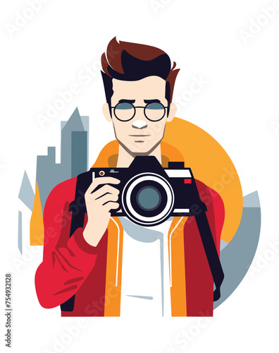 photographer with camera, photos of landscapes flat vector illustration