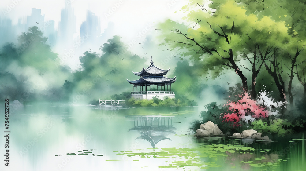 Watercolor illustration of a Japanese garden in spring Watercolor illustration of a Japanese garden in spring