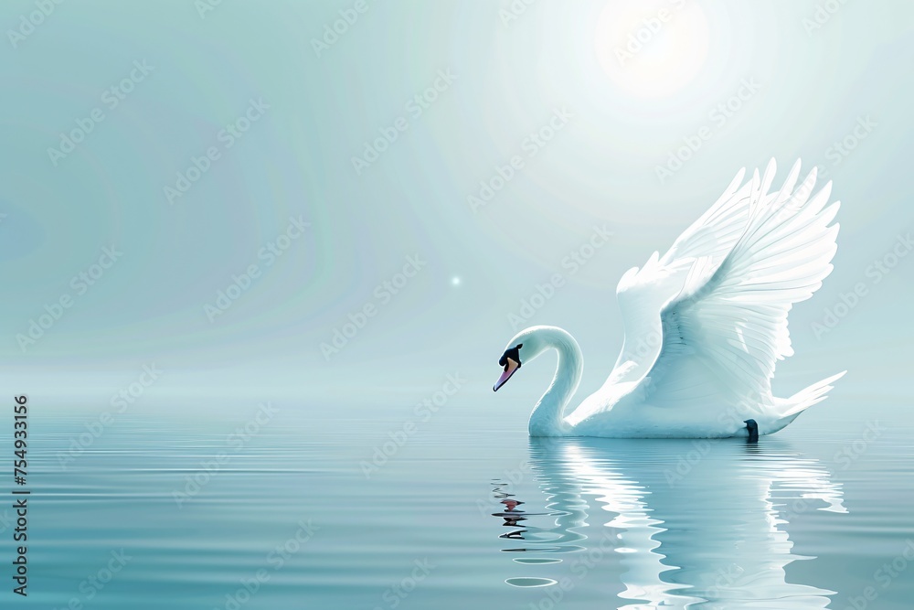 Fototapeta premium Swan gliding gracefully on a crystal blue background elegance personified surrounded by copyspace