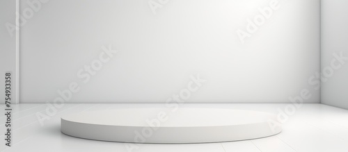 A white circular object is placed in a minimalist white room. The geometric cylinder shape background creates a clean and sleek aesthetic, ideal for a podium display or showcase.