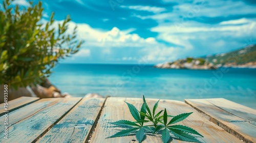 Ruhezone am Strand - Holztisch mit Cannabisblättern vor Meereskulisse - Produkt Mockup Hintergrund photo