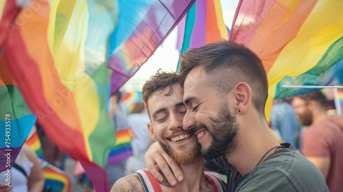 Two men embracing at a pride event surrounded by rainbow flags a symbol of acceptance and unity