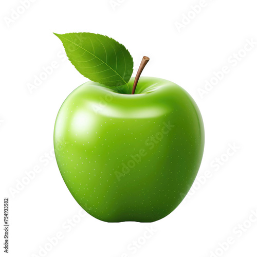 A portion of a green apple along with its green leaves is seen alone on a transparent background