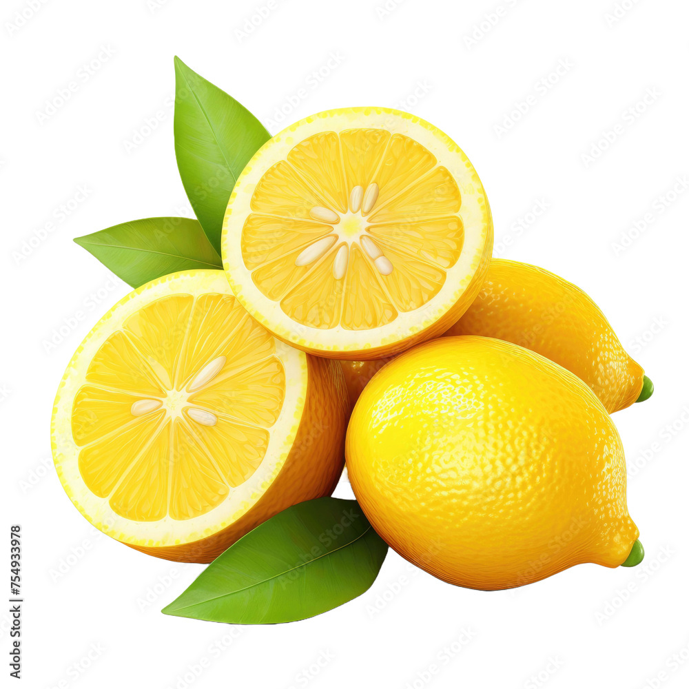 Ripe yellow lemon citrus fruit with green leaf and half isolated on transparent background Ripe yellow lemon citrus fruit with green leaf and half isolated on transparent background