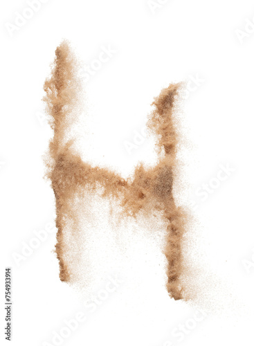 H English alphabet made of Sand explosion with H English alphabet scattered, space for text. Concept of Flying sand particle object to shape in air. White background Isolated throwing element object