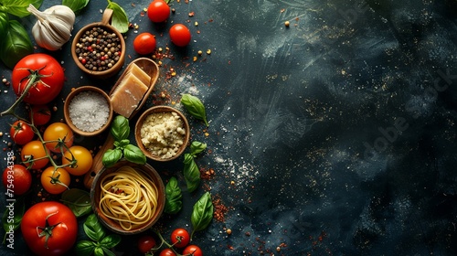 Cooking ingredients for Italian feast encircling a dark