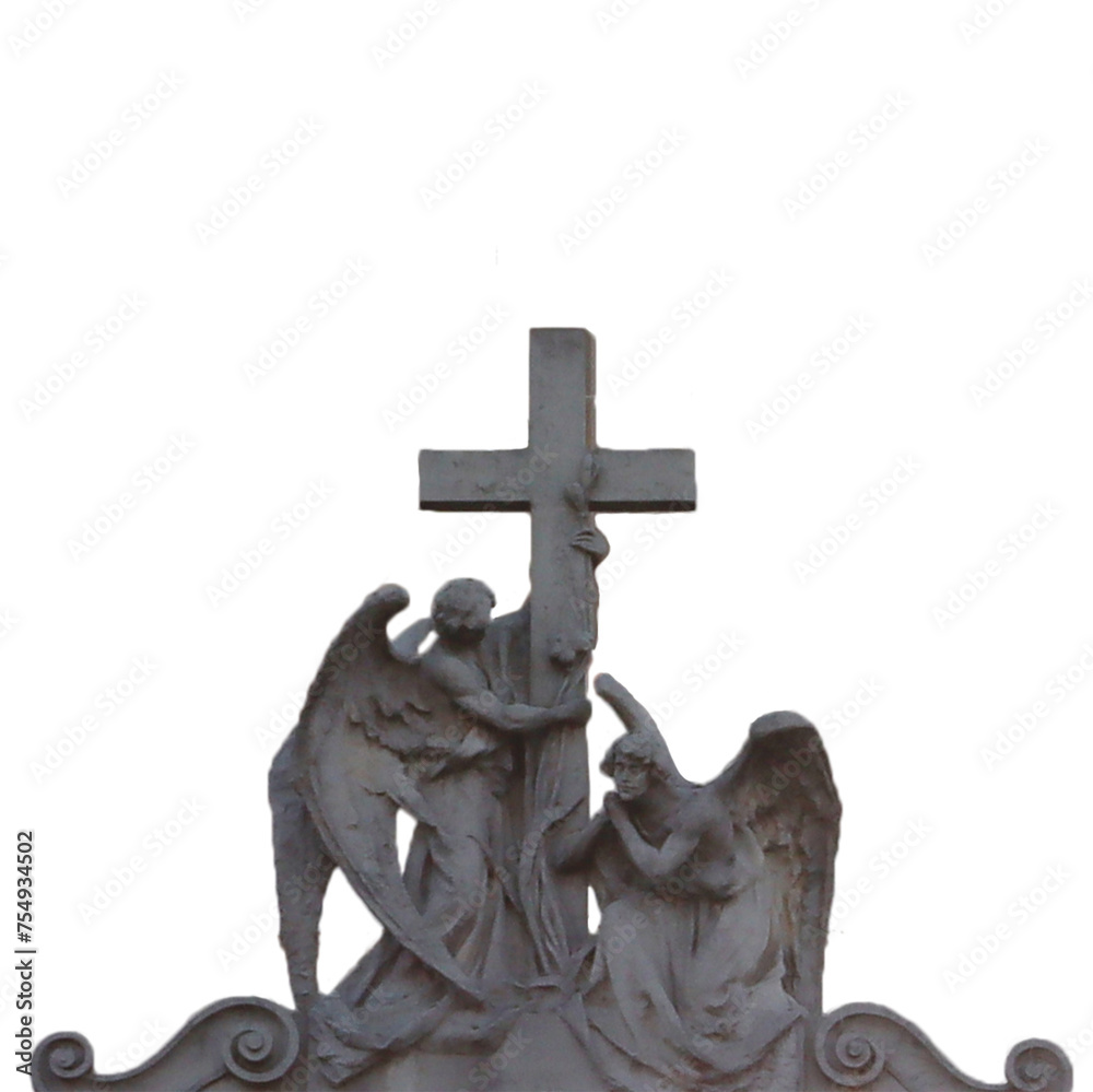 Statue of a winged angels with cross isolated PNG photo with transparent background. Urban architectural photography. High quality cut out scene element. Realistic image overlay
