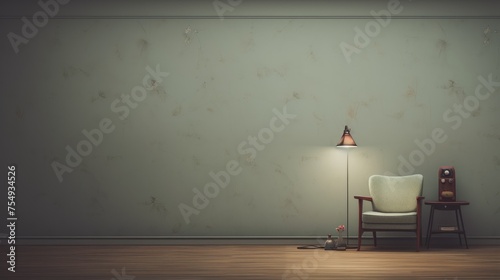 Minimalist Elegance: Modern Chair and Lamp in Gloomy Interior Decor. Suitable for your projects and copyspace writing. photo