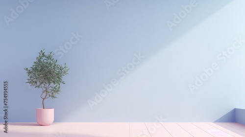 Contemporary Living: Minimalist Soft Blue Color Interior with Houseplant. Suitable for your projects and copyspace writing. photo