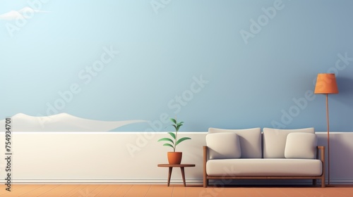 Soft Blue Minimalist Interior Design with Simple Chair and Houseplant. Suitable for your projects and copyspace writing photo