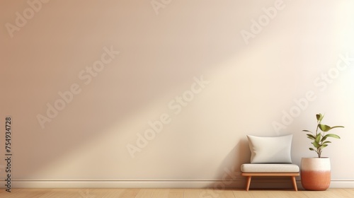 Soft Brown Minimalist Interior Design with Modern Chair and Houseplant. Suitable for your projects and copyspace writing photo