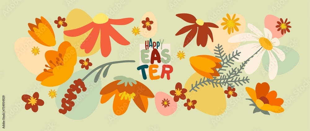 Happy Easter card (poster) on a holiday theme. Trendy design with typography, spring hand-drawn botanical elements and Easter symbols in contrasting colors. Minimalist style of modern art. Happy Easter card (poster) on a holiday theme. Trendy design with typography, spring hand-drawn botanical elements and Easter symbols in contrasting colors. Minimalist style of modern art.