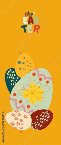 Happy Easter card (poster) on a holiday theme. Trendy design with typography, spring hand-drawn botanical elements and Easter symbols in contrasting colors. Minimalist style of modern art.