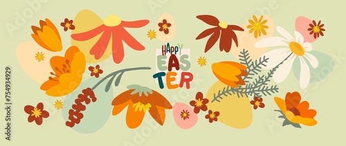 Happy Easter card (poster) on a holiday theme. Trendy design with typography, spring hand-drawn botanical elements and Easter symbols in contrasting colors. Minimalist style of modern art.