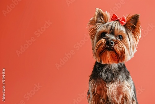 Yorkshire Terrier with a tiny bow on a sweet coral background capturing the essence of cuteness with generous copyspace