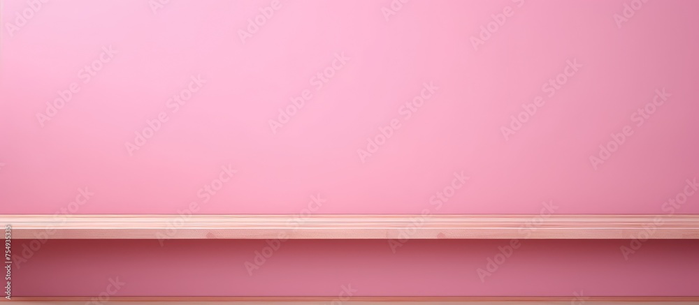 Fototapeta premium A pink room featuring a shelf adorned with a vase. The room is painted in a soft pink hue, creating a warm and welcoming ambiance. The shelf holds a decorative vase,