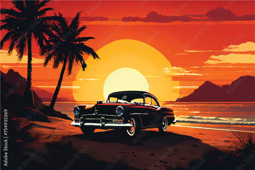 Vintage Classic car at Beach with Beautiful Sunset view. vintage classic car. Illustration. Retro car rides among the palm trees against the backdrop of the sunset at the beach. classic Vintage car. 