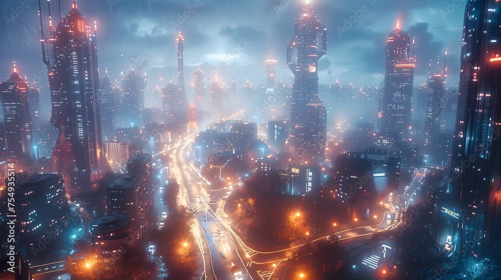 Misty futuristic city immersed in a digital landscape 