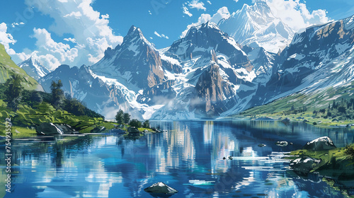 A serene alpine lake surrounded by towering snow-capped peaks, with reflections of the majestic mountains shimmering in the crystal-clear waters.