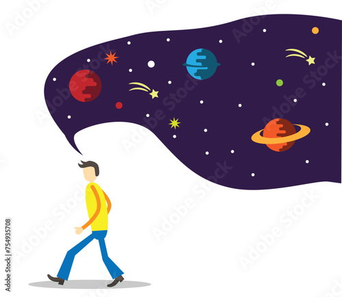Man Walking and Thinking About Space. Thoughts of cosmos and cognitive abilities concept vector