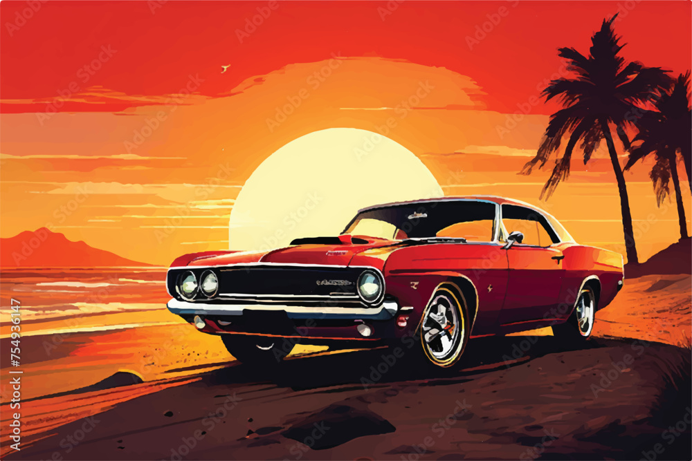Vintage Classic Muscle car at Beach with Beautiful Sunset view. vintage classic Muscle car. Illustration. Retro car rides against the backdrop of the sunset at the beach. Vector classic car. Beach. 