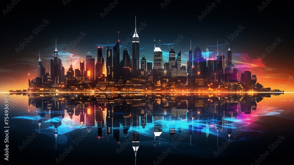 Origami skyline with neon reflections on digital water