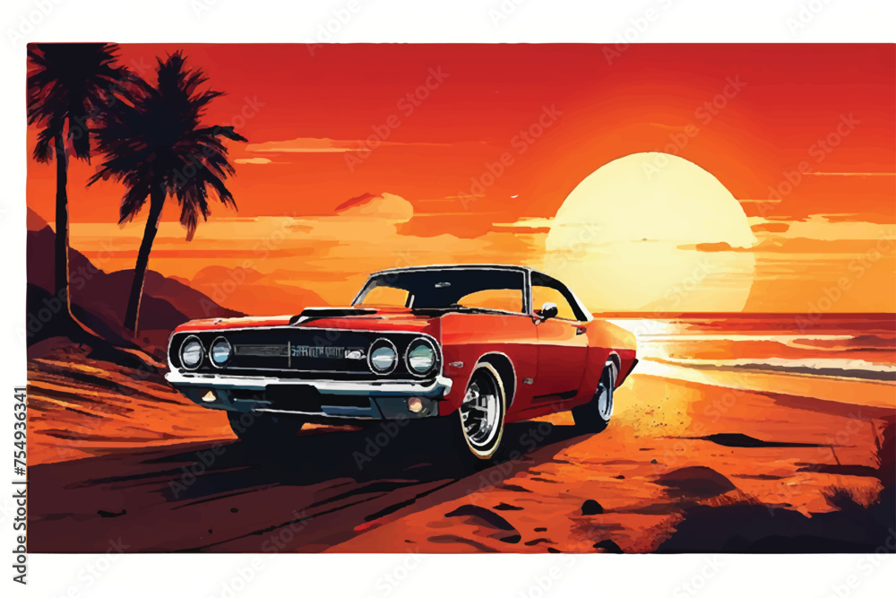 Vintage Classic Muscle car at Beach with Beautiful Sunset view. vintage classic Muscle car. Illustration. Retro car rides against the backdrop of the sunset at the beach. Vector classic car. Beach. 