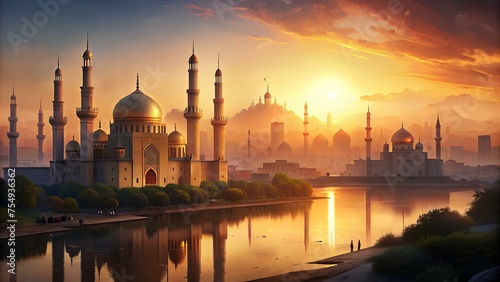 mosque with sunrise over river
