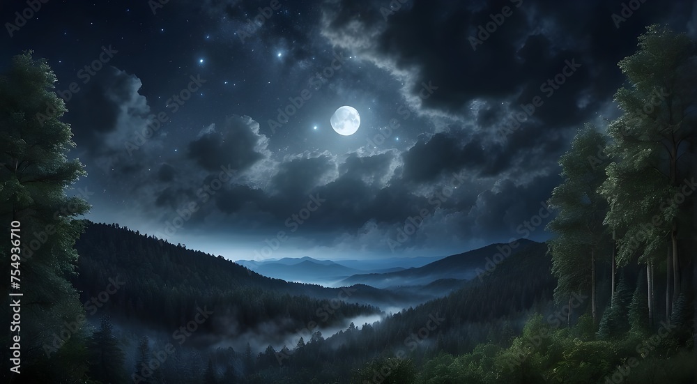 Dark sky at night, Big moon coming out of the clouds with twinkling stars above the forest