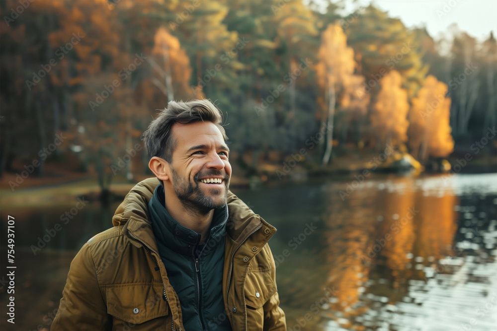 Man in who exudes happiness and a sense of feeling truly alive in a beautiful natural park near a lake Man in who exudes happiness and a sense of feeling truly alive in a beautiful natural park near a lake